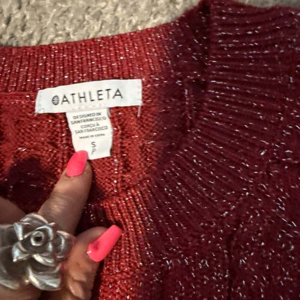 Athleta Red Metallic Shimmer Cable Knit Pullover Sweater Size S